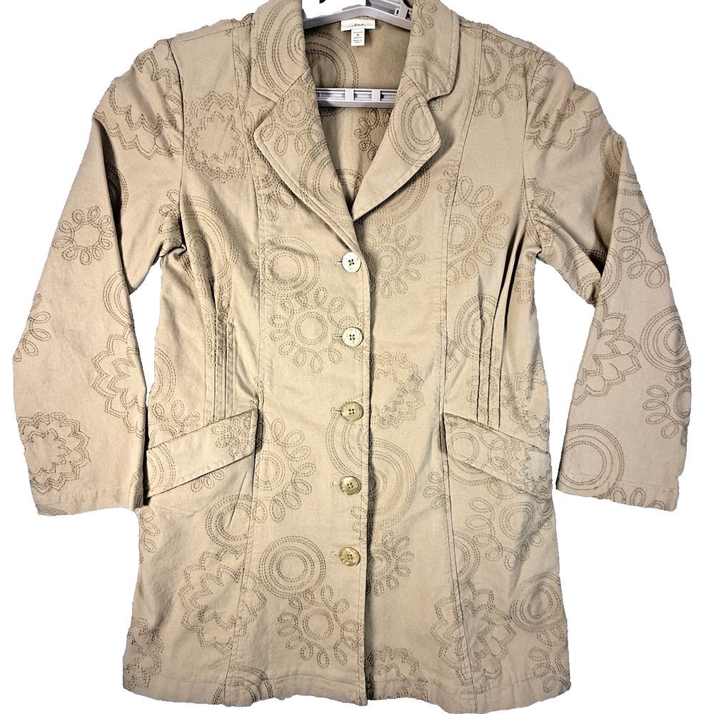 J Jill Full Embroidered Coat S Khaki Pleated Trench Stretch Twill Pockets Lagen